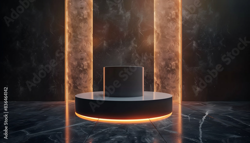 Fototapeta Naklejka Na Ścianę i Meble -  Luxurious Exhibition Space With Matte Pedestal And Stand For Branded Products. 3d Rendered Illustration For Royal Advertisement Design Of Cosmetics.