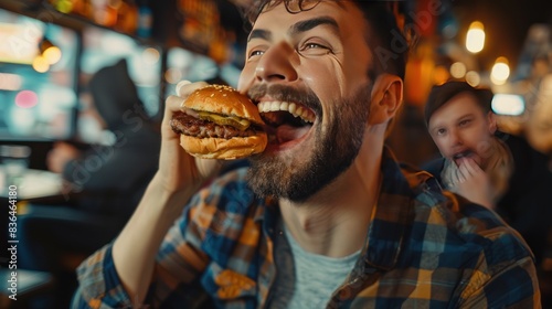 A man is eating a burger in a restaurant. He is smiling and he is enjoying his meal