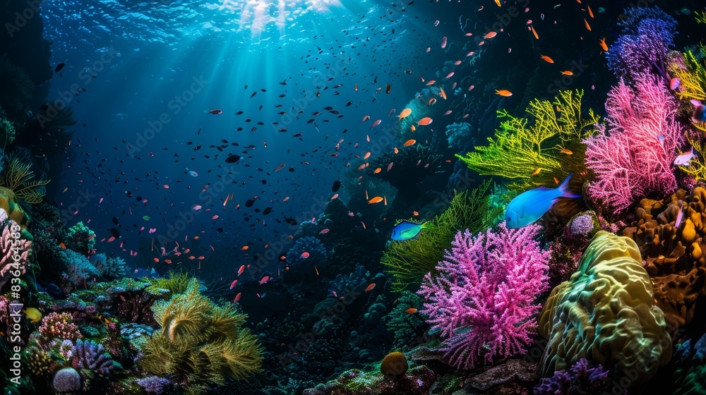 Fototapeta premium Colorful coral reef teeming with life, Sun beams illuminating a vibrant coral reef teeming with life