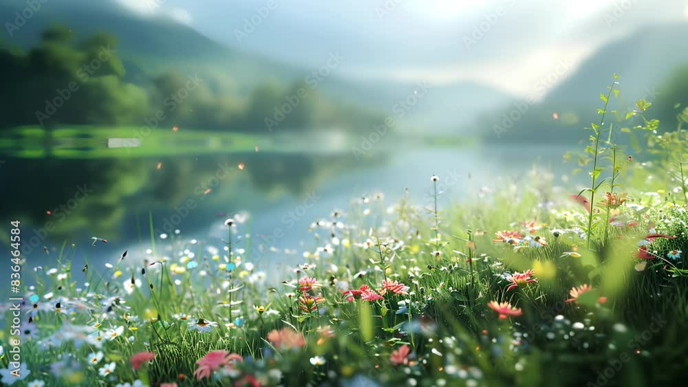 The scene on the side of the river is full of flowers and butterflies with a mountain background