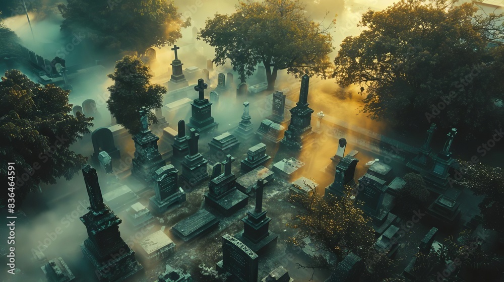 Capture a high-angle view of a haunting graveyard at dusk, showcasing eerie tombstones, mist swirling around ancient trees Capture a high-angle view of a haunting graveyard at dusk, showcasing eerie tombstones, mist swirling around ancient trees