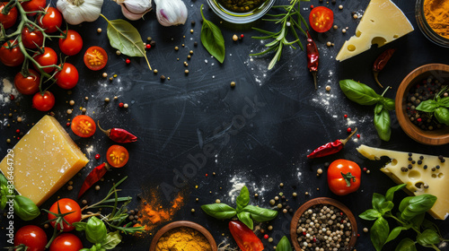 Pizza Cooking Ingredients On Black Background, Top View. With a lot of free space in the middle. Space For text.