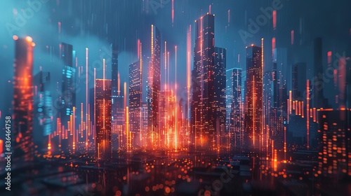 Craft a dynamic cityscape with towering skyscrapers forming a graph, symbolizing the stock markets rise and fall, using a modern digital art style