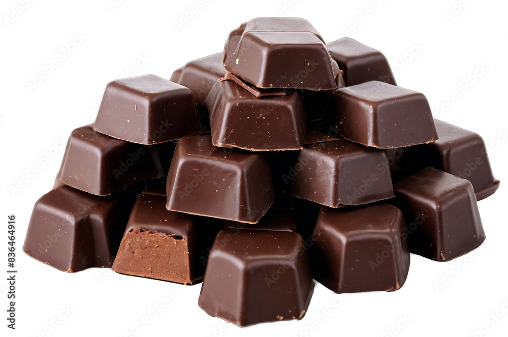 Stack of chocolate candies with one half-bitten piece, isolated on a transparent, white background, png format Stack of chocolate candies with one half-bitten piece, isolated on a transparent, white background, png format