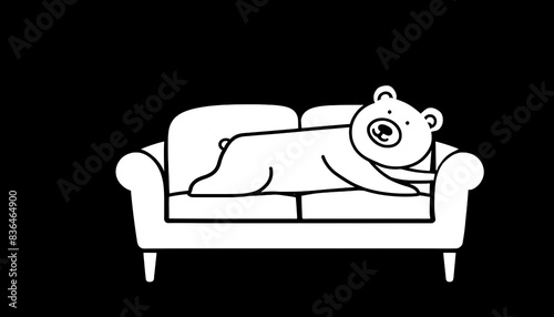 だらけた姿勢でソファに寝そべる白熊のシュールなイラスト　黒背景の切り抜き