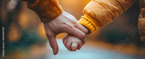 
Parent holding hand of cute infant newborn baby child. Close up photo. Parental Bonding and Connection