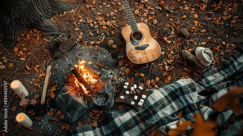 A Tartan guitar lies beside a blazing campfire, adding a touch of plaid pattern to the rustic setting. The warm glow of the fire creates a cozy atmosphere for recreational musicmaking AIG50 photo