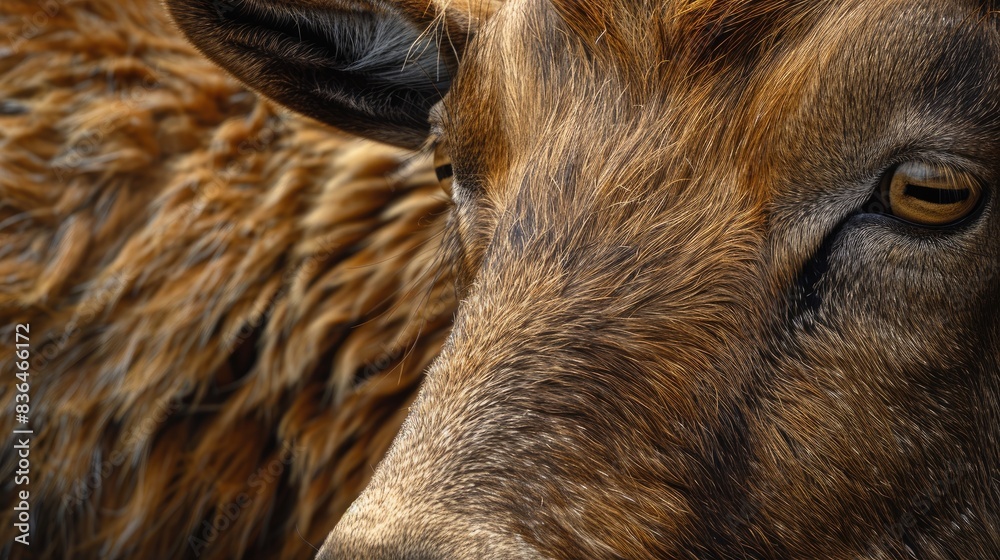 Macro texture of a brown goat with exceptionally soft fur on a natural background of wild animal habitat