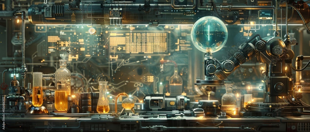 Chemical lab with robotic arms mixing compounds, holographic safety warnings Chemical lab with robotic arms mixing compounds, holographic safety warnings
