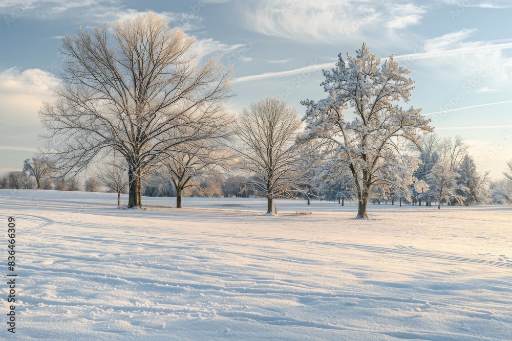 A snowy field with a few trees in the background A snowy field with a few trees in the background