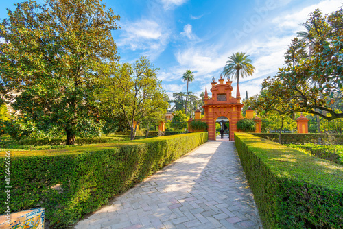 The ornate landscaped grounds and gardens inside the Royal Alcázar of Seville, a 10th century palace in the historic center of Seville, Spain, in the Andalusian region.