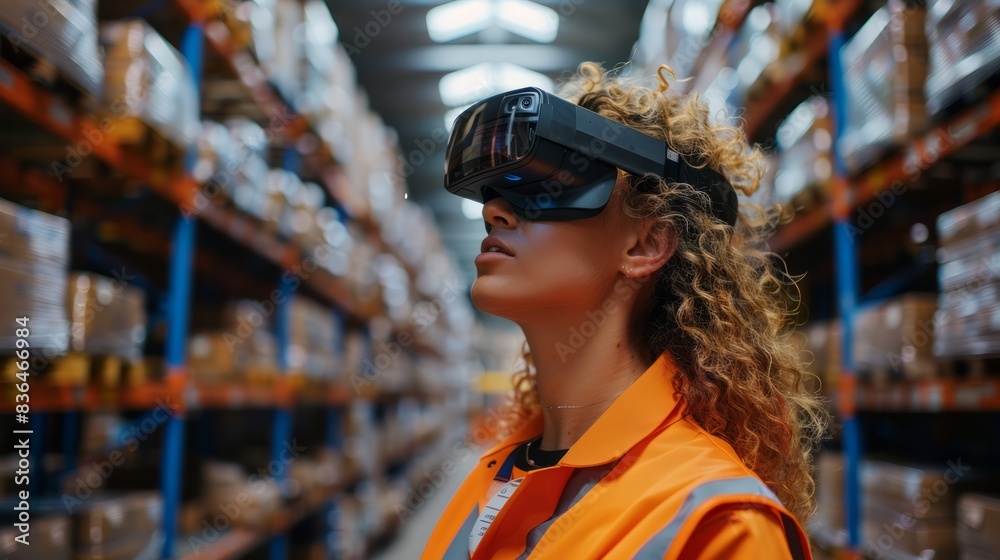 Warehouse worker using VR glasses to streamline package picking and delivery, showcasing advanced supply chain technology. Warehouse worker using VR glasses to streamline package picking and delivery, showcasing advanced supply chain technology.