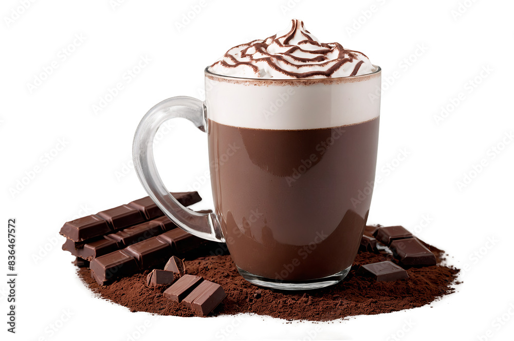 Tempting hot chocolate topped with whipped cream and chocolate shavings displayed against a transparent, white background in png form Tempting hot chocolate topped with whipped cream and chocolate shavings displayed against a transparent, white background in png form