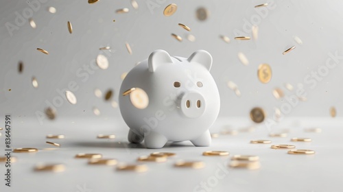 A white piggy bank sits on a white table as a rain of pennies falls around it.