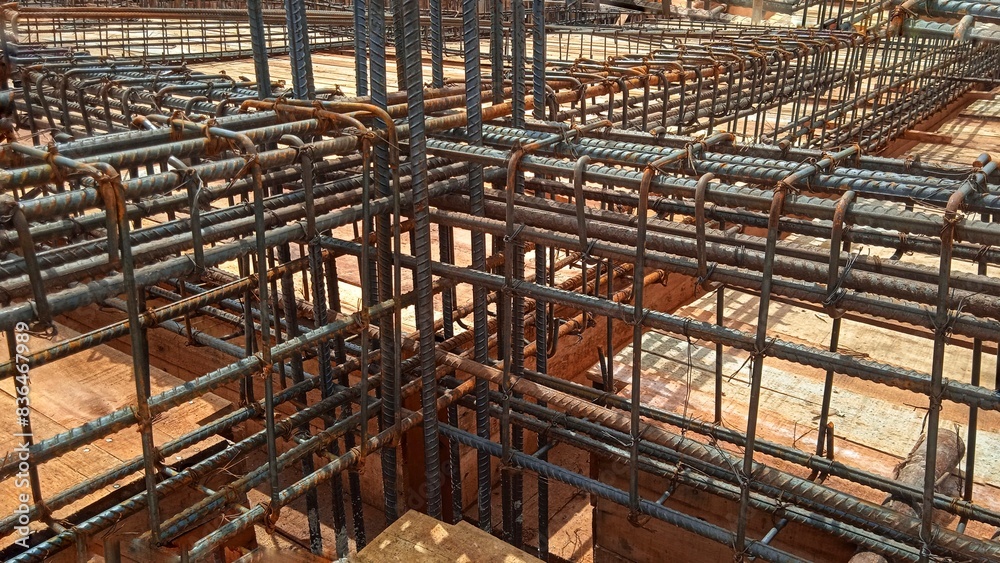 Close up view of concrete reinforcement Steel reinforcement construction at construction site. Steel bar construction for concrete Close up view of concrete reinforcement Steel reinforcement construction at construction site. Steel bar construction for concrete