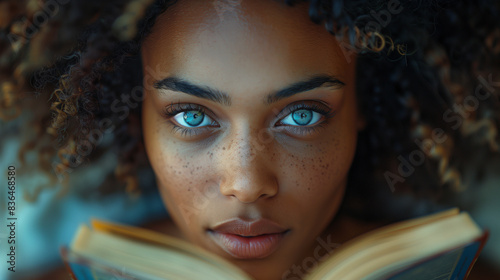 A close up of a person reading intently. photo