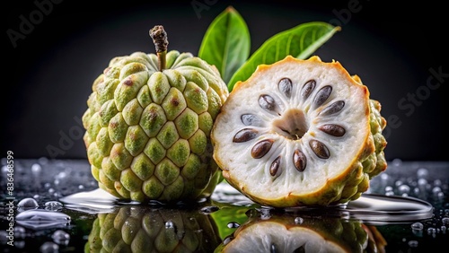 custard apple with water droplets and half submerged in water on a black background - Generative AI