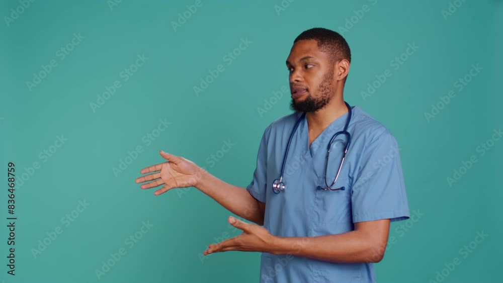 Portrait of african american nurse pointing hands towards empty space, doing advertising, talking with audience. Healthcare employee doing promotional ad, showing copy text, studio backdrop, camera B Portrait of african american nurse pointing hands towards empty space, doing advertising, talking with audience. Healthcare employee doing promotional ad, showing copy text, studio backdrop, camera B