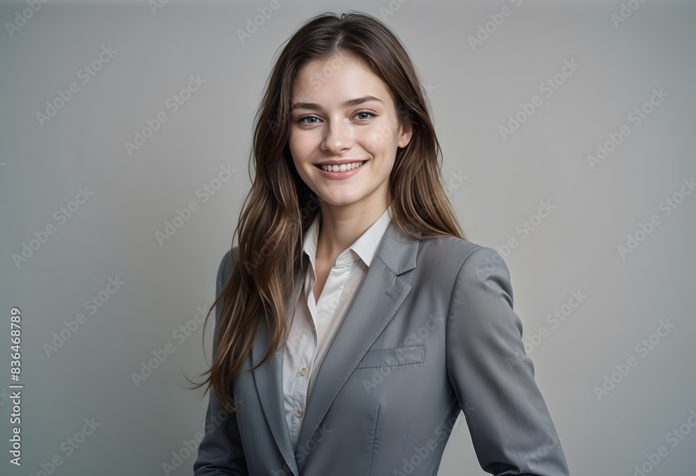 Professional business woman smiling in suit, exuding confidence and elegance Professional business woman smiling in suit, exuding confidence and elegance