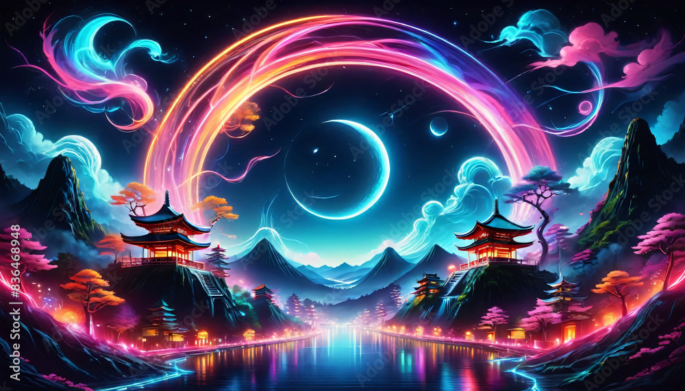 A stunning painting depicting a mountainous terrain with a pink and blue moon overhead. The brilliant circle of the moon encircles the mountains, illuminating them with moonlight. Generative AI A stunning painting depicting a mountainous terrain with a pink and blue moon overhead. The brilliant circle of the moon encircles the mountains, illuminating them with moonlight. Generative AI
