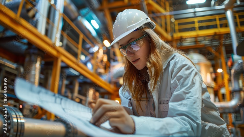 Architect and construction workers in an oil refinery, examining blueprints and coordinating on-site tasks. Architect and construction workers in an oil refinery, examining blueprints and coordinating on-site tasks.