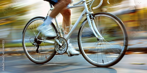 A close-up of a cyclist's legs pedaling rapidly, with motion blur capturing the speed