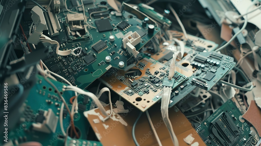 Fototapeta premium Electronic waste sorting, close-up of computer parts, cloudy day light 