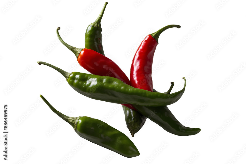Cluster of green and red chili peppers crossing over on a transparent, white background, ideal png Cluster of green and red chili peppers crossing over on a transparent, white background, ideal png