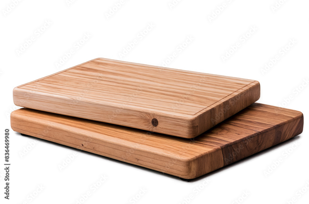 Two different sized wooden cutting boards isolated on a transparent, white background, png format, showing wood texture Two different sized wooden cutting boards isolated on a transparent, white background, png format, showing wood texture