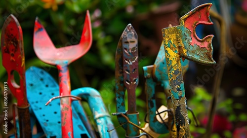 Close view of upcycled garden tools, repainted and reused, morning light  photo