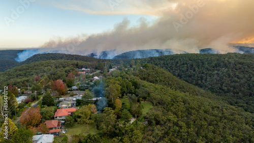 Drone aerial photograph of controlled bush fire hazard reduction burning by the Rural Fire Service in the Blue Mountains in NSW, Australia.