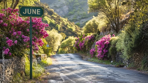 Country road with pink flowers and  June  sign. Rural springtime landscape with blooming flowers and green foliage. Summer season concept.