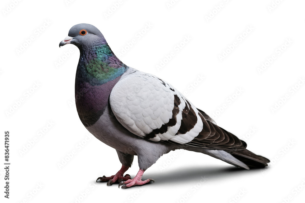 A detailed pigeon with iridescence standing erect, set against a transparent, white background, png for easy use A detailed pigeon with iridescence standing erect, set against a transparent, white background, png for easy use