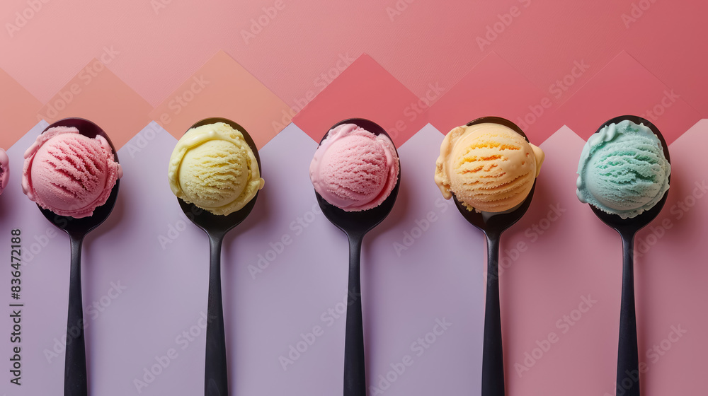 Obraz premium pastel ice cream scoops in black spoons on pink and purple background