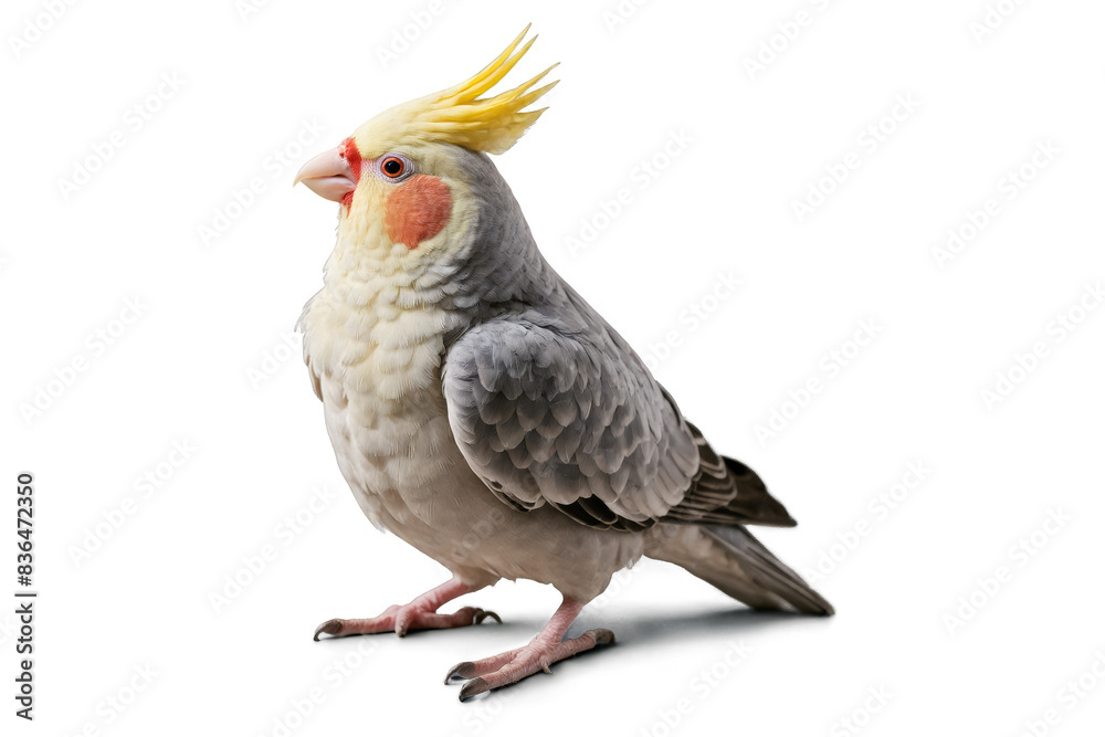 An adorable cockatiel with a yellow crest photographed with a white background to enhance its details in a PNG format An adorable cockatiel with a yellow crest photographed with a white background to enhance its details in a PNG format