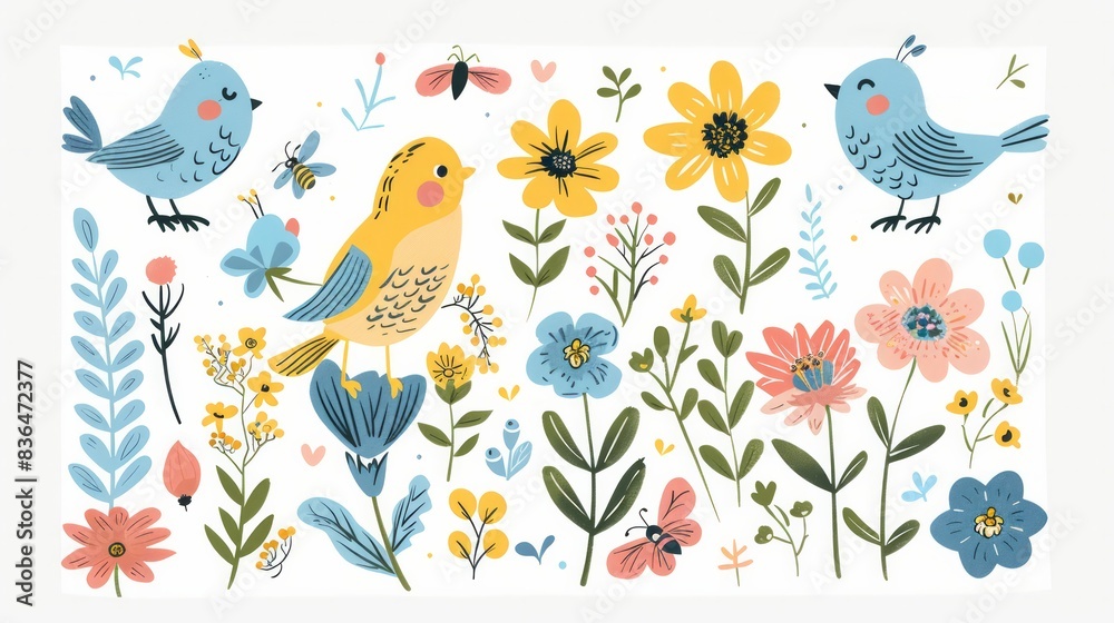 Vector illustration of spring elements with cute birds, colorful flowers, and buzzing bees in a whimsical hand-drawn style. Vector illustration of spring elements with cute birds, colorful flowers, and buzzing bees in a whimsical hand-drawn style.