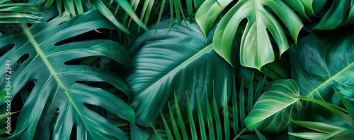 botanical background with tropical palm leaves in the dark photo