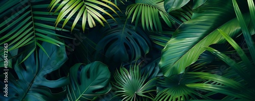 botanical background with tropical palm leaves in the dark