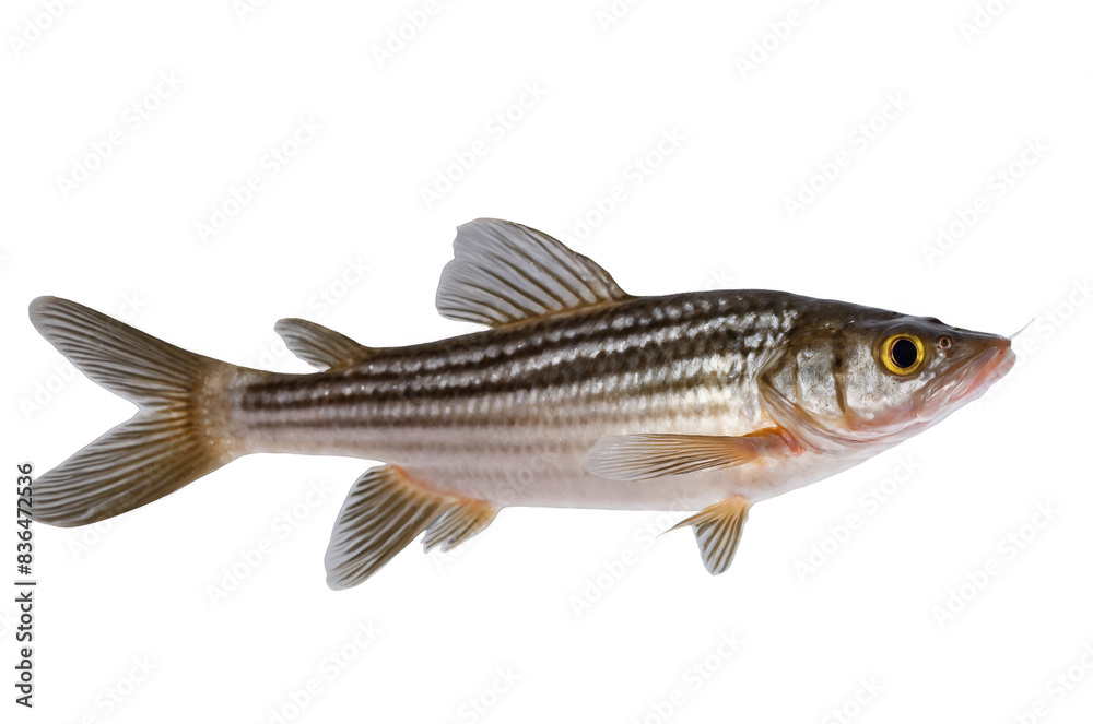 An image of a single gray fish captured with fine details showing its scales and fins on a transparent, white background, formatted as png An image of a single gray fish captured with fine details showing its scales and fins on a transparent, white background, formatted as png