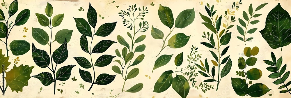 botanical pattern with various green leaves on a isolated background botanical pattern with various green leaves on a isolated background