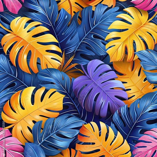 Orange blue pink vector tropical pattern with jungle leaves bohemian decor  seamless textile background. Floral jungle ornament with monstera leaf tropical seamless pattern.