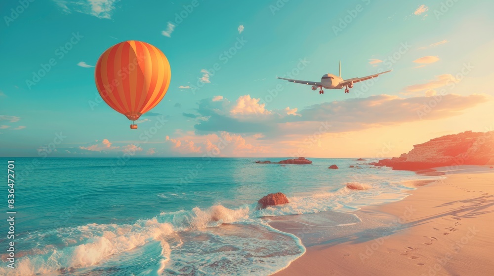Hot air balloon and airplane flying over the beach at sunset. Scenic photography for design and print. Summer vacation and travel concept. Hot air balloon and airplane flying over the beach at sunset. Scenic photography for design and print. Summer vacation and travel concept.