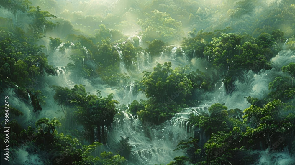 Obraz premium Design a captivating aerial view of a misty rainforest, emphasizing the vast green expanse and cascading waterfalls in a detailed oil painting with a touch of surrealism