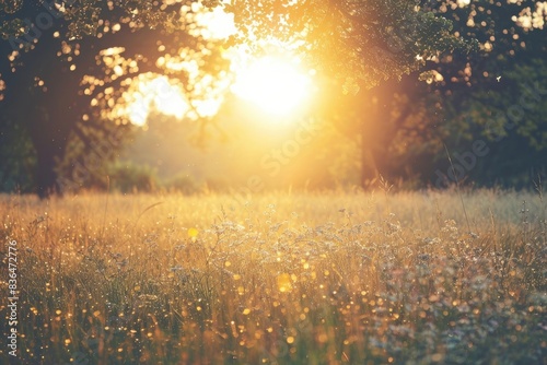 Beautiful sunrise over the field with trees and grass  golden hour  summer time  nature landscape  vintage filter  scandinavian countryside  forest
