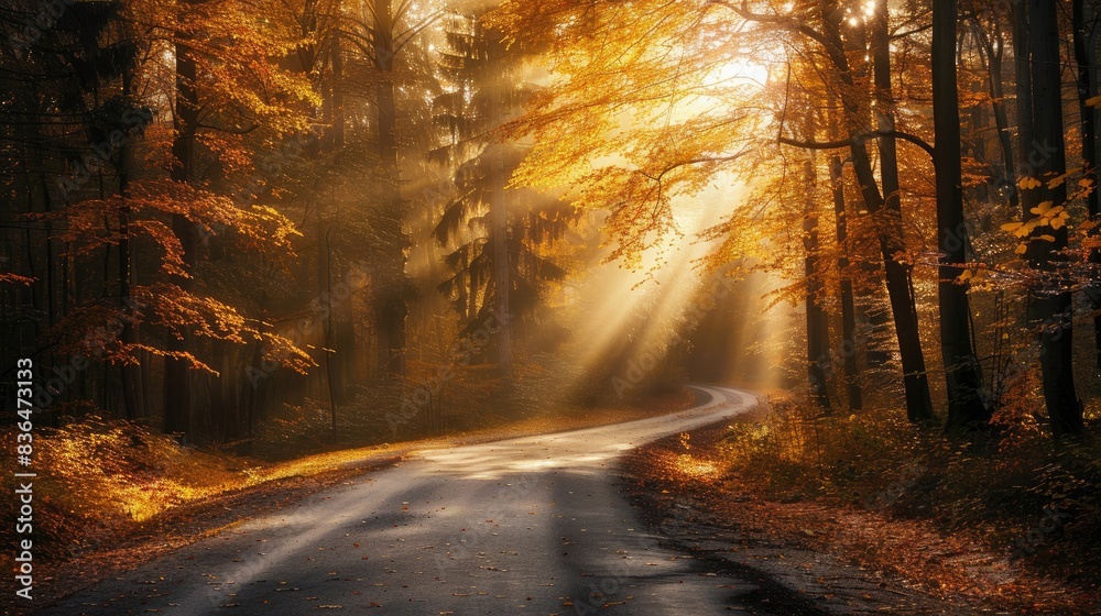 Fototapeta premium Sunbeams illuminate forest road in autumn morning
