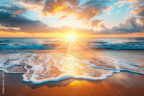 Beautiful sunset on the beach with golden sand and blue water  sun rays reflected in the sea waves  landscape background.