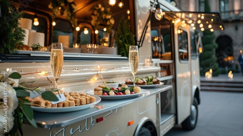 Cream food truck with classic decor serving luxurious appetizers and champagne at an elegant wedding venue in the city photo