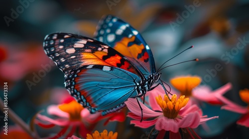 Brilliantly colored butterfly resting on vibrant blooming flowers in a serene natural setting, showcasing exquisite details of its wings amidst soft, blurred background