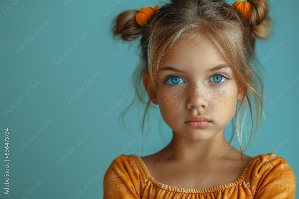 Portrait of a young girl with striking blue eyes, freckles, and a serious expression, wearing an orange top and orange hair ties against a teal background Portrait of a young girl with striking blue eyes, freckles, and a serious expression, wearing an orange top and orange hair ties against a teal background