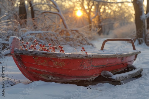 A vibrant red boat adorned with frost-kissed berries sits under the morning sun in a wintry forest landscape, evoking a serene and magical winter scene